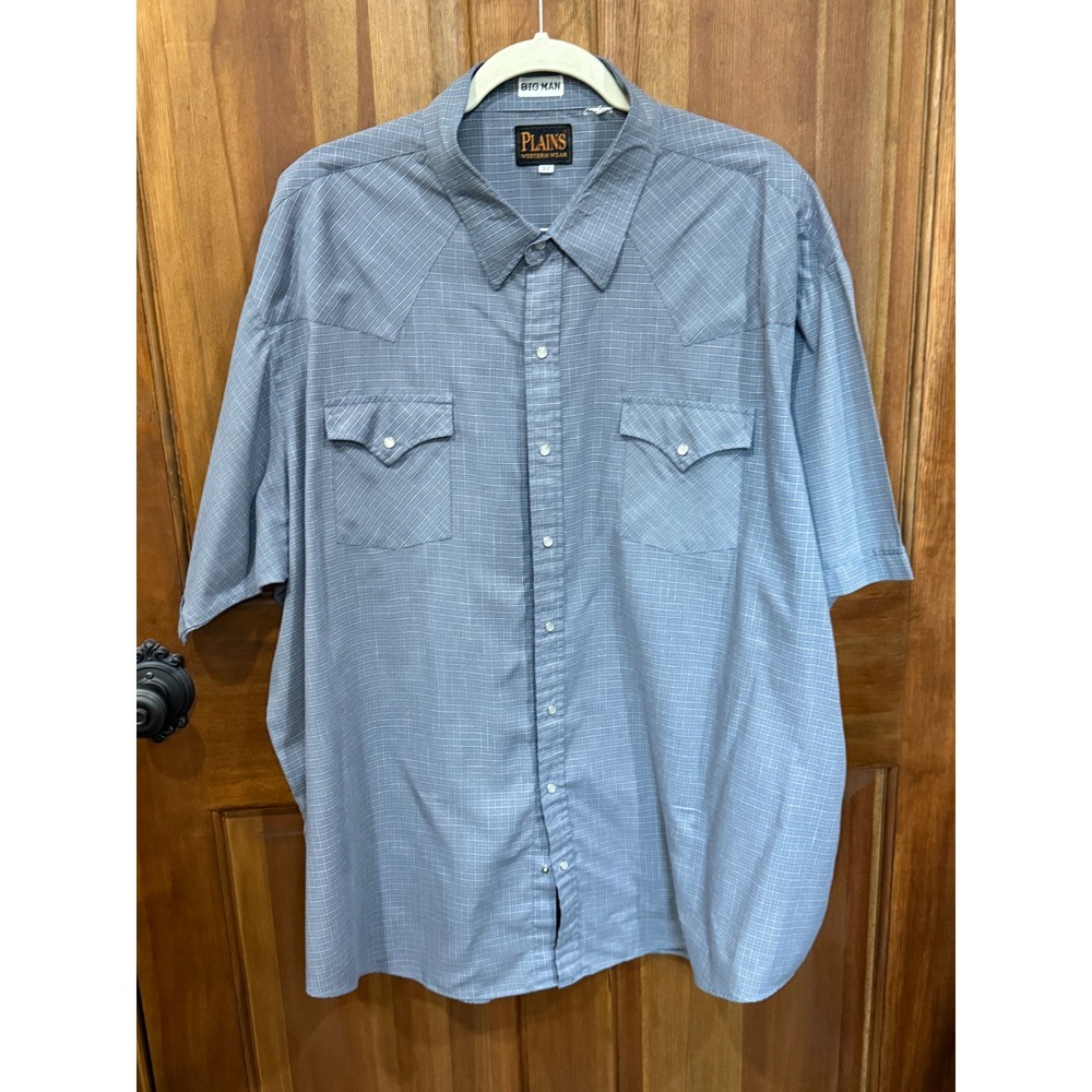 PLAINS WESTERN WEAR Mens Big‎ Man 3X Short Sleeve Western Snap Shirt Blue Plaid